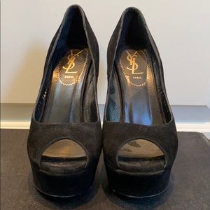 YSL black suede platform pumps open toe